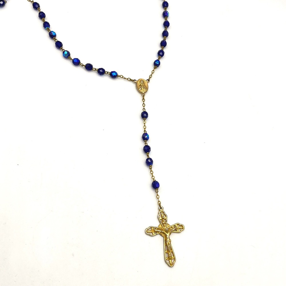 Vintage‎ Blue Crystal Bead Rosary Gold Tone Crucifix Religious Necklace